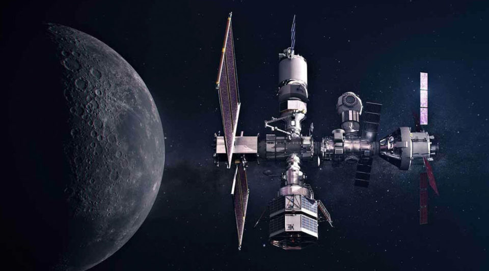 The Gateway Concept Spaceship rendering surrounded by space, the moon to the left.